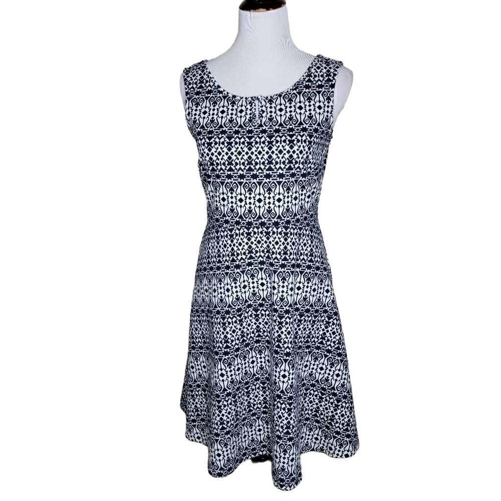 Talbots A Line Knit Geometric Sleeveless Dress Navy White Small